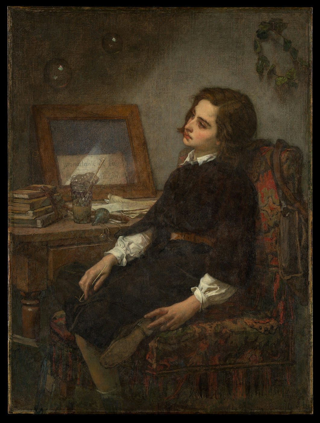 A schoolboy, identifiable by the books on the desk, contemplates soap bubbles, traditional symbols of the transience of life. A wilting laurel wreath on the wall behind him suggests the fleeting nature of praise and honors. The word "immortalité," inscribed on the paper inserted in the mirror, reinforces the painting’s allegorical content. Alt text from the Met Museum website.