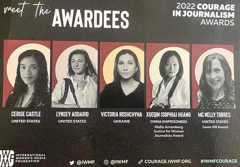 Mc Nelly Torres as the recipient of the 2022 Gwen Ifill Award (top left), recording an audio piece in Spanish in her closet, on assignment in Puerto Rico after Hurricane Maria with photographer Angel Valentin, as Sun-Sentinel staff at the NAHJ convention in 2006 and last picture in Humacao after Hurricane Maria. 
