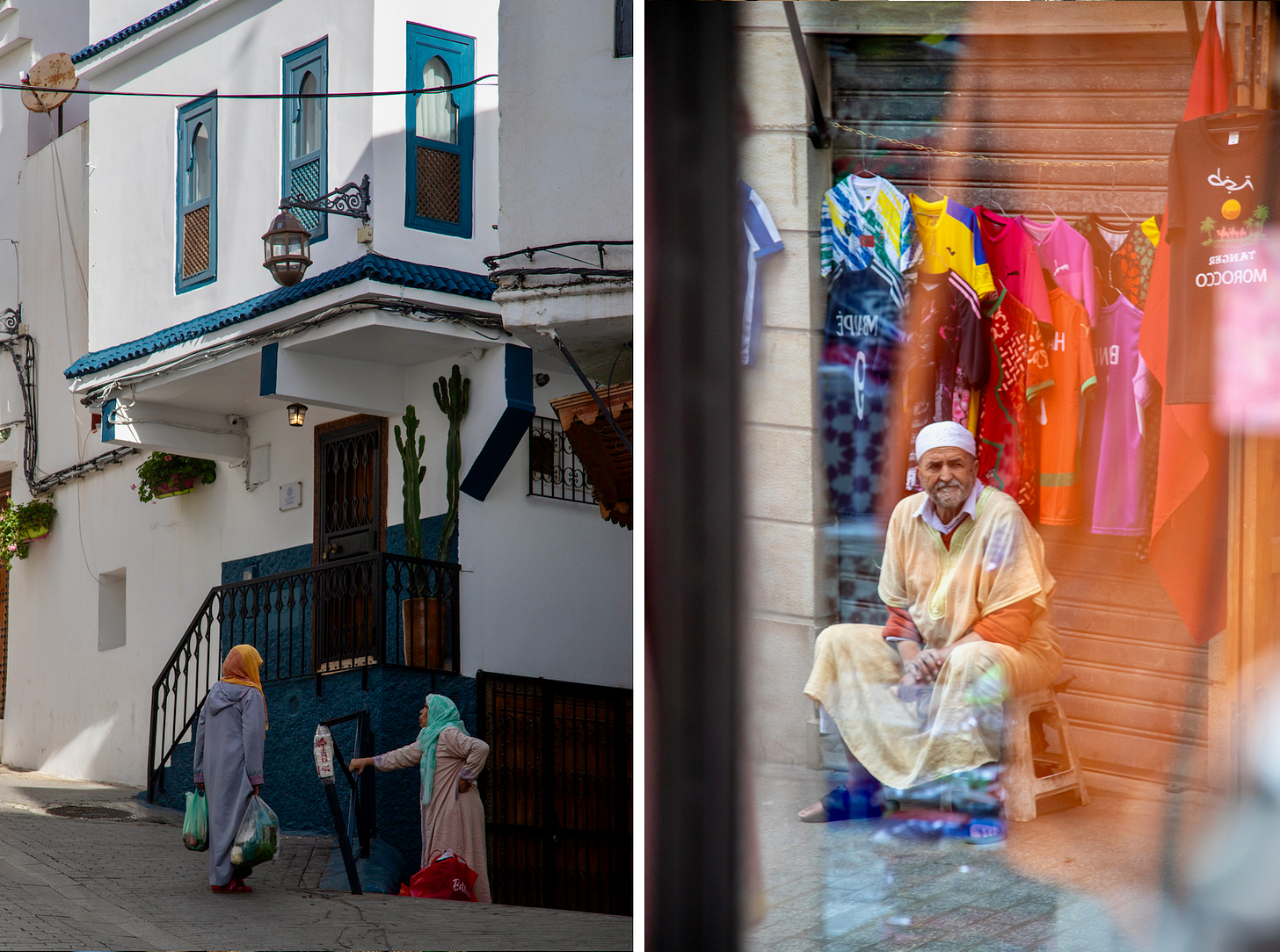 Two women talking on a street corner in the Tangier medina, Morocco; an elderly shopkeeper seated outside his shop seen through a glass reflection in the Tangier medina Two women talking on a street corner in the Tangier medina, Morocco; an elderly shopkeeper seated outside his shop seen through a glass reflection in the Tangier medina