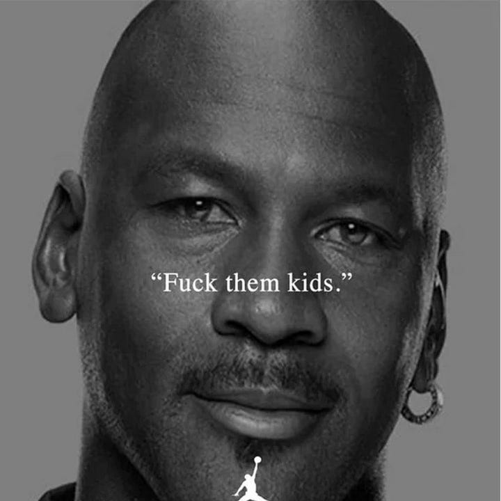 Grey scale photos of Emme Grede and Michael Jordan with "fuck them kids" overlaid