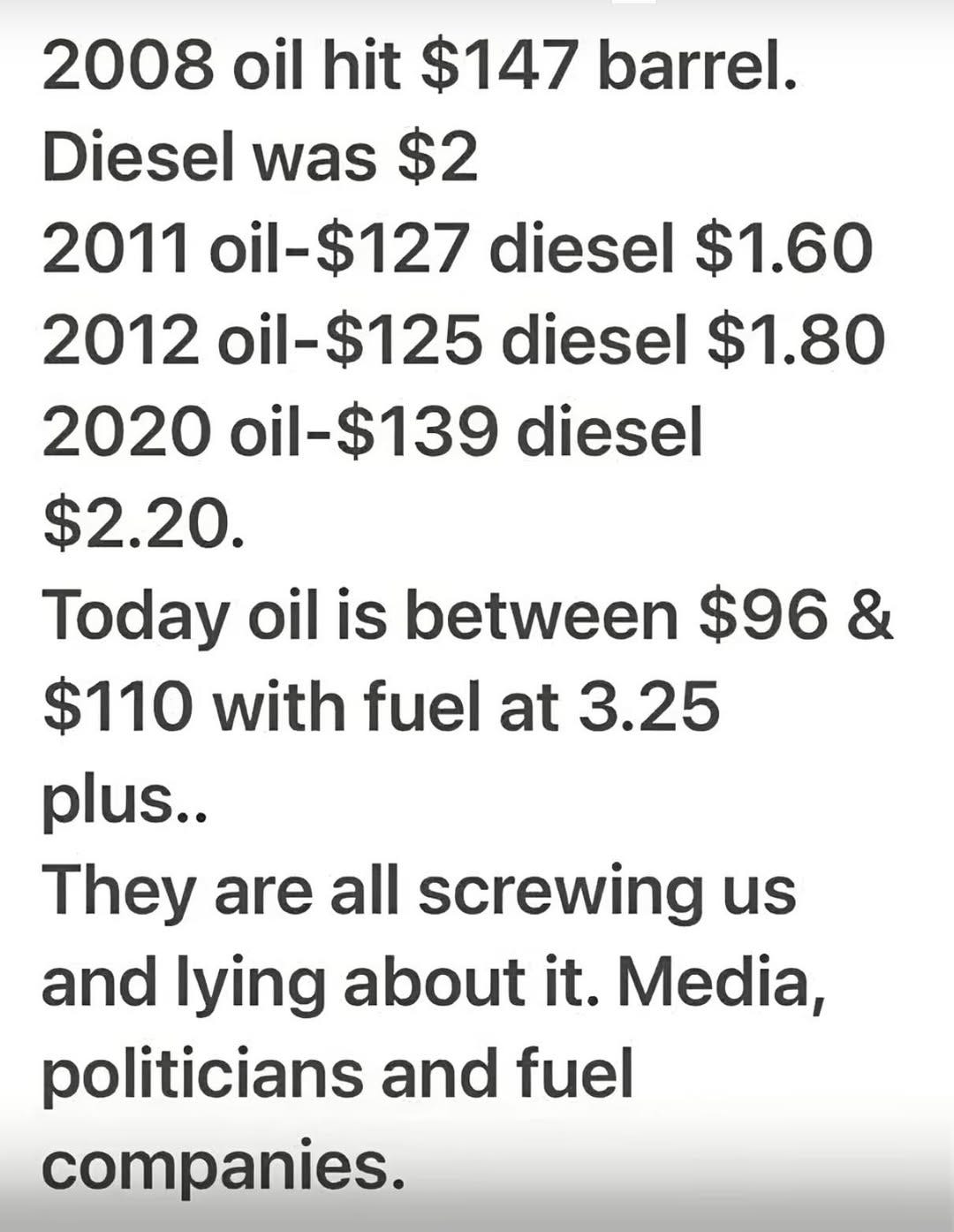 May be an image of text that says '2008 oil hit $147 barrel. Diesel was $2 2011 oil-$127 diesel $1.60 2012 oil- oil-$125 125 diesel $1.80 2020 oil-$139 diesel $2.20. Today oil is between $96 & $110 with fuel at 3.25 plus.. They are all screwing us and Iying about it. Media, politicians and fuel companies.'