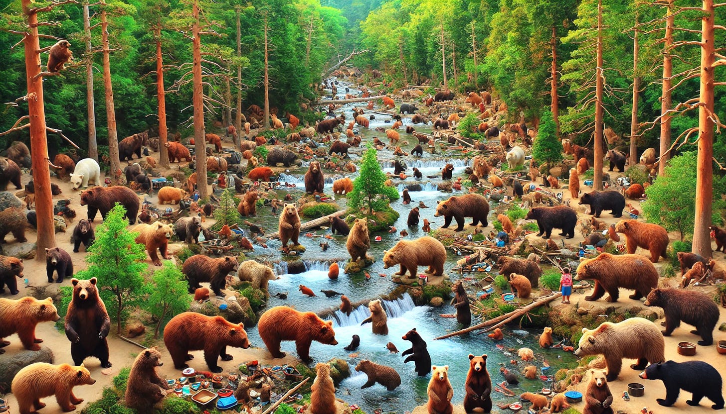 Countless bears of different sizes and colors in a forest setting, with trees, rocks, and streams visible. The bears are engaged in various activities such as playing, fishing, climbing trees, and resting. The scene is vibrant and lively, capturing the diverse bear community in their natural habitat.