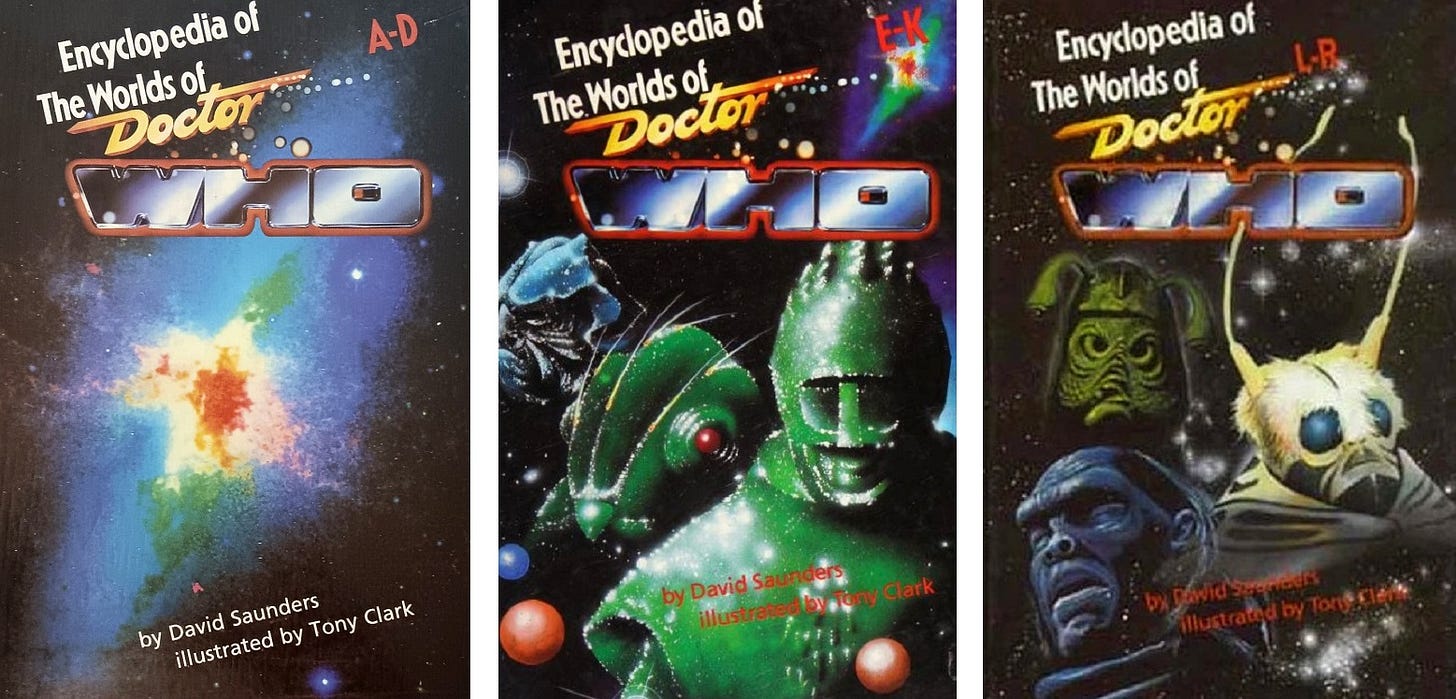 The cover images of three volumes of David Saunders’ Encyclopedia of the Worlds of Doctor Who, showing the alphabetical volume divisions A-D, E-K and L-R.