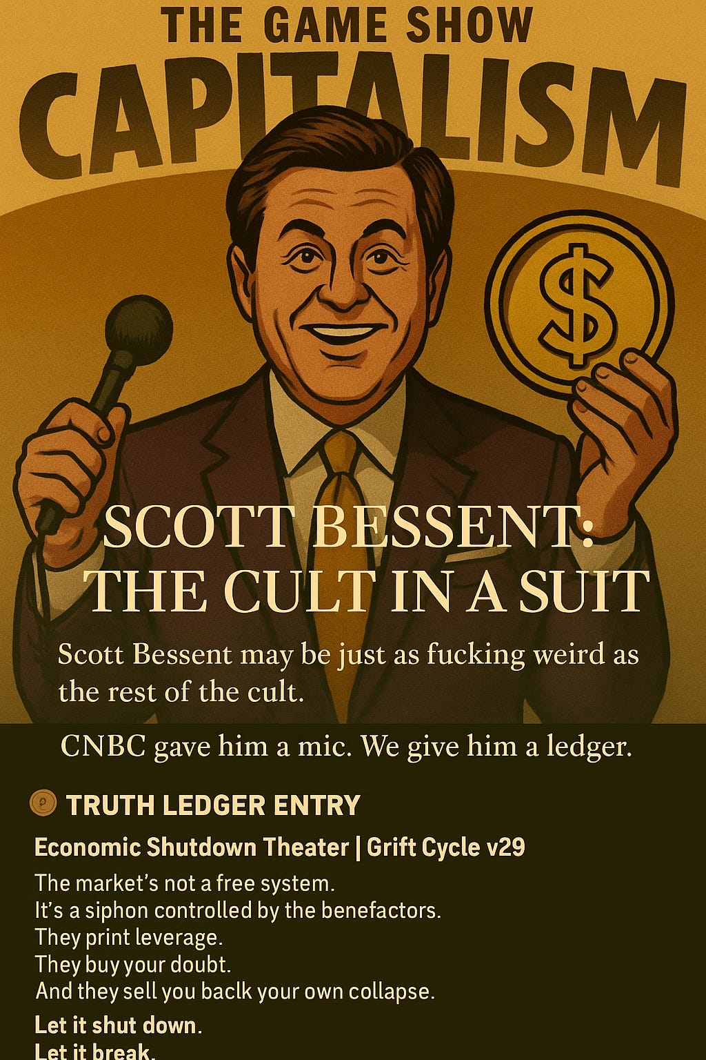 The Gameshow Capitalism Scott Bessent Satirical card AI imae no like ness in image or name - just the facts about crooked politicians insder trading and such.  