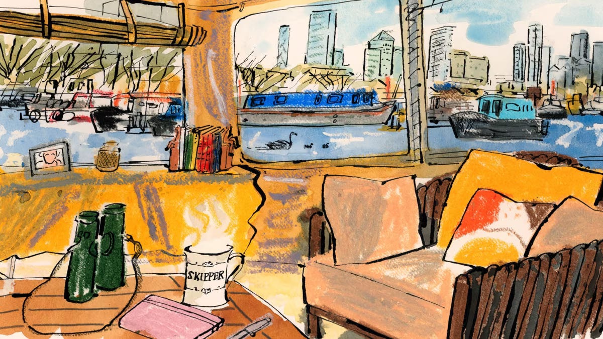 Illustrated houseboat interior with cushions, books and binoculars overlooking a river and city skyline