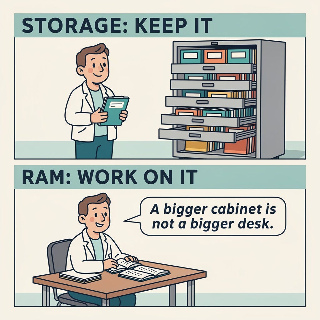 Two-panel comic comparing storage to a filing cabinet and RAM to a desk: a bigger cabinet is not a bigger desk. Two-panel comic comparing storage to a filing cabinet and RAM to a desk: a bigger cabinet is not a bigger desk.