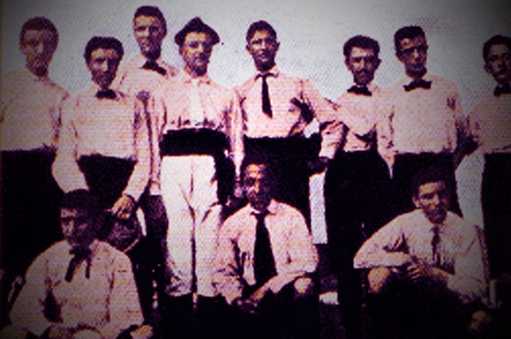 Historic Juventus kits: early black and white striped team photo, original pink shirt with black bow tie, vintage black and white striped jersey, and an early team photo wearing pink shirts with ties.