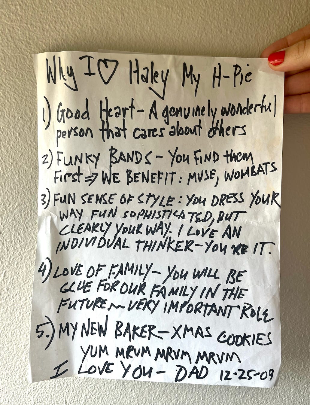 A letter from my dad to me listing his favorite things about me 