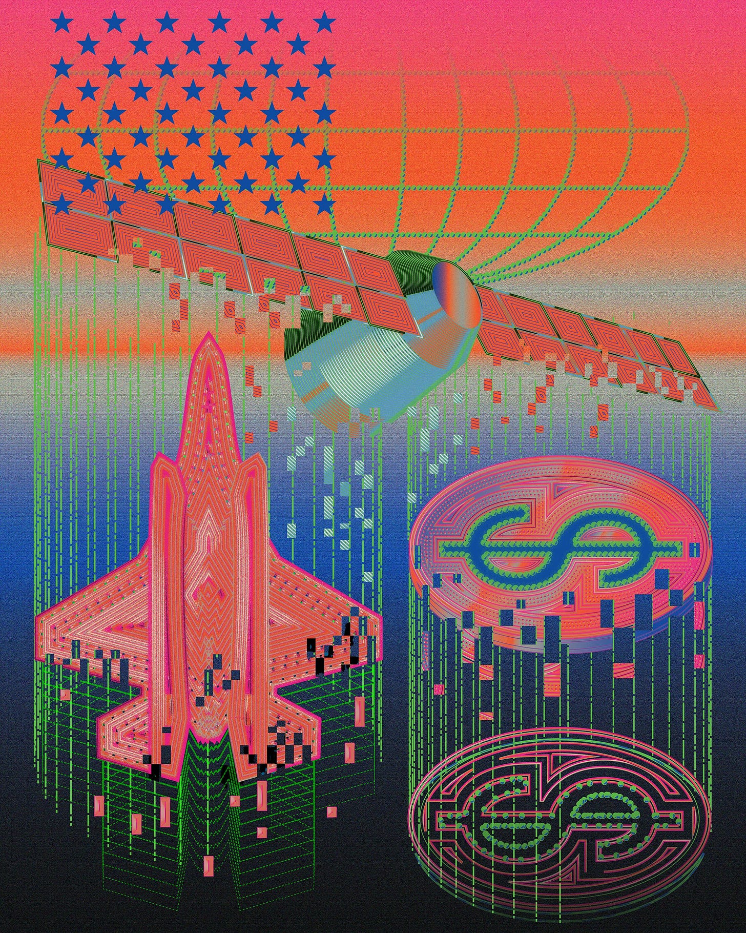 Illustration of a satellite a fighter jet and a dollar coin disintegrating into bits