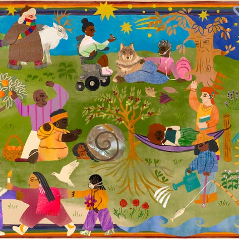 A colorful illustrated triptych showing people actively resisting injustice, resting, and coming together to build a thriving, sustainable, and beautiful world together.