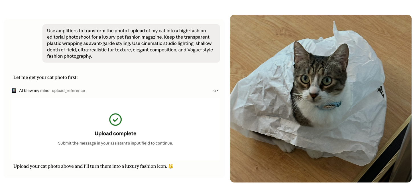 Screenshot of the Claude interface using AI BLEW MY MIND Amplifiers to generate AI fashion editorial images from a cat reference photo. The prompt asks the image model to transform an uploaded cat photo into a high-fashion luxury pet magazine photoshoot while preserving the transparent plastic wrapping as avant-garde styling. On the right side of the screen, the uploaded reference image shows a tabby cat sitting inside a crinkled white plastic bag on a wooden floor. The workflow demonstrates how Amplifiers inside Claude can use reference images and detailed cinematic prompts to create stylized AI-generated editorial photography with Nano Banana and ChatGPT image models.