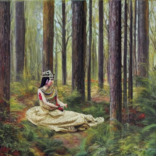 Cleopatra, with her asp, in a forest