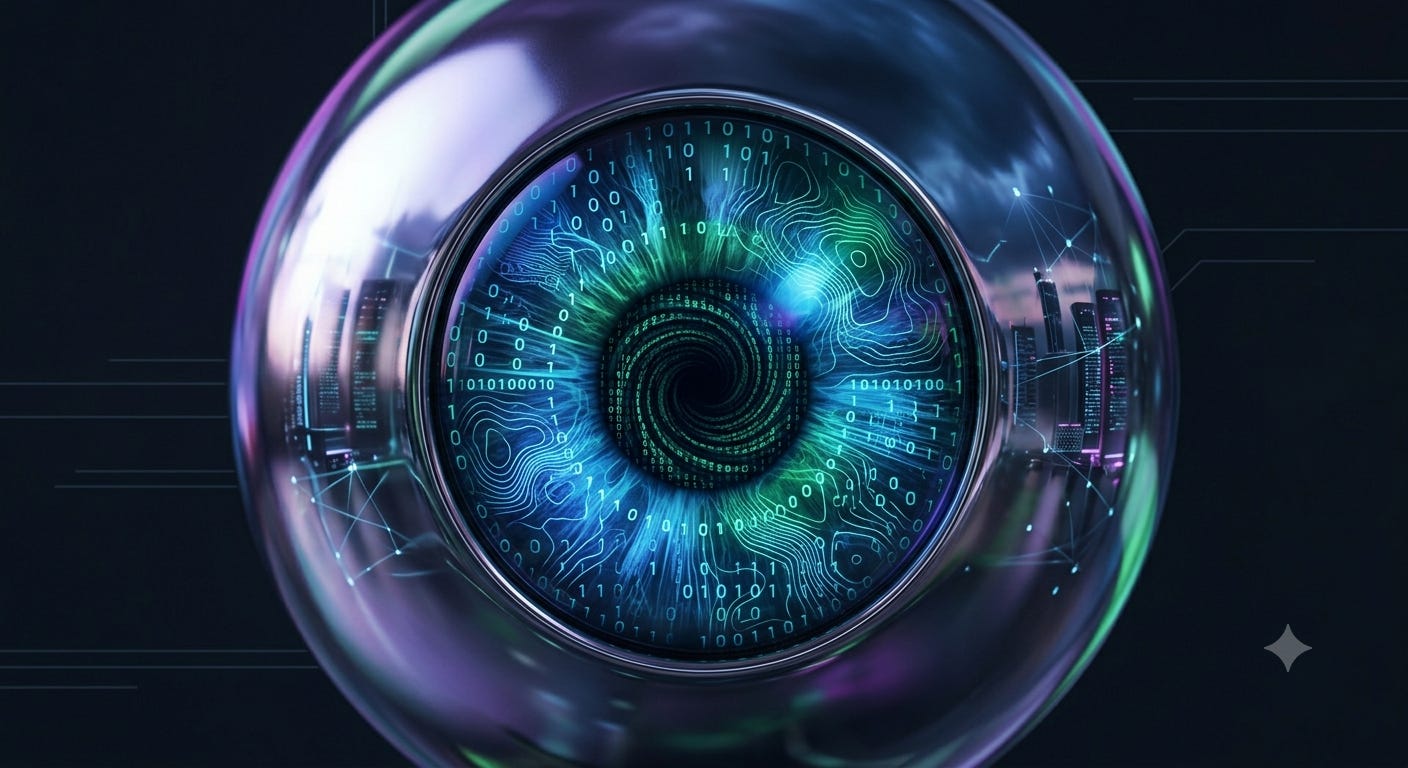 A sleek, metallic silver or chrome orb (resembling the Worldcoin/World orb) reflecting a human eye. A sleek, metallic silver or chrome orb (resembling the Worldcoin/World orb) reflecting a human eye.