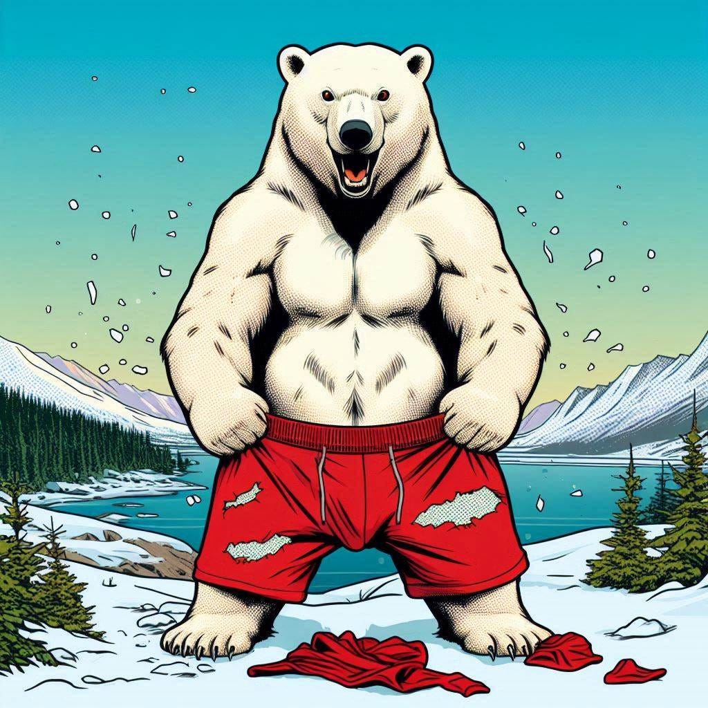 Generate a picture in comic style. It shows a polar bear in winter in alaska. It is standing upright, smiling at the camera and tearing a pair of red shorts apart with his front paws.