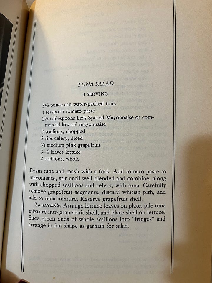 Two pages from Elizabeth Taylor cookbook and images of prepared tuna salad and a hamburger