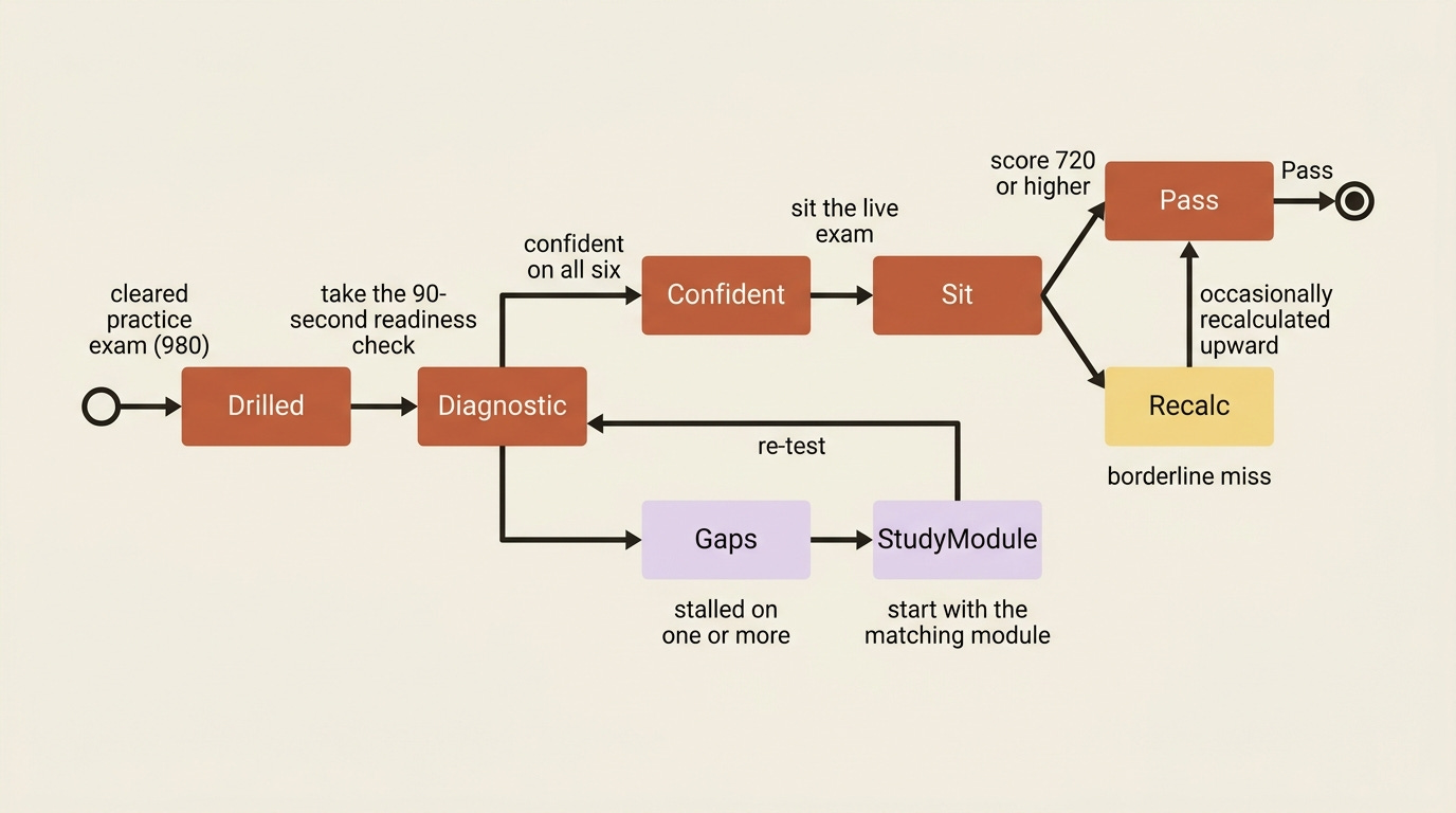 The readiness path: after clearing the practice exam, run the diagnostic, route any stalled answer to its matching module, re-test until confident on all six, then sit the live exam, where a borderline miss is occasionally recalculated upward.
