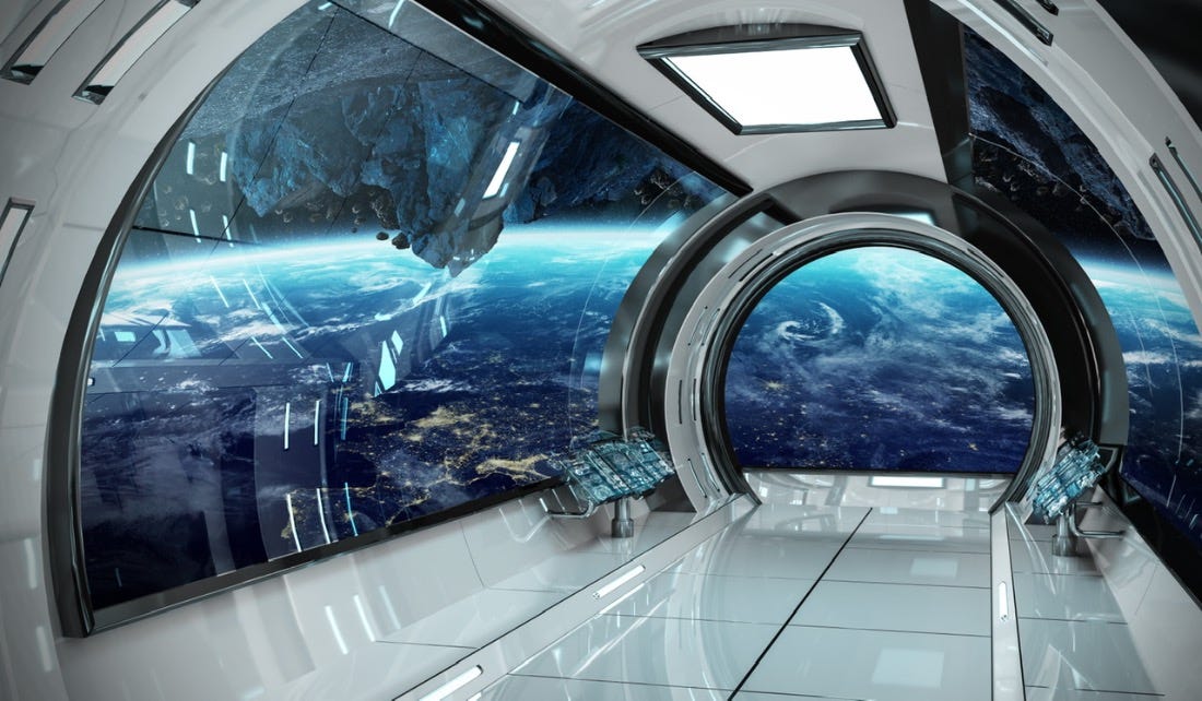 Spaceship interior with view of Earth