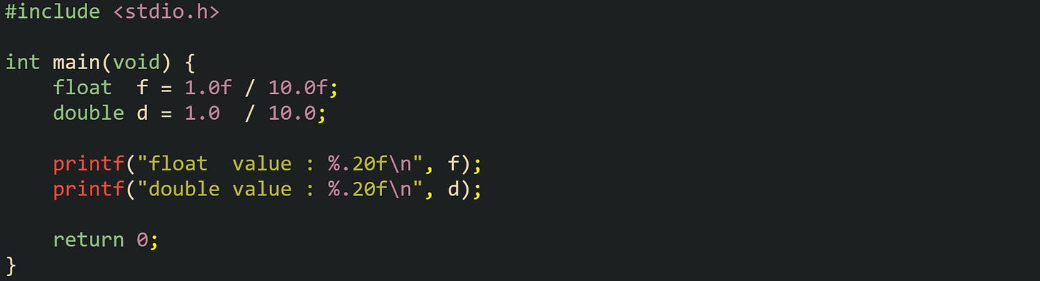 #include <stdio.h> int main(void) { float f = 1.0f / 10.0f; double d = 1.0 / 10.0; printf("float value : %.20f\n", f); printf("double value : %.20f\n", d); return 0; } #include <stdio.h> int main(void) { float f = 1.0f / 10.0f; double d = 1.0 / 10.0; printf("float value : %.20f\n", f); printf("double value : %.20f\n", d); return 0; }