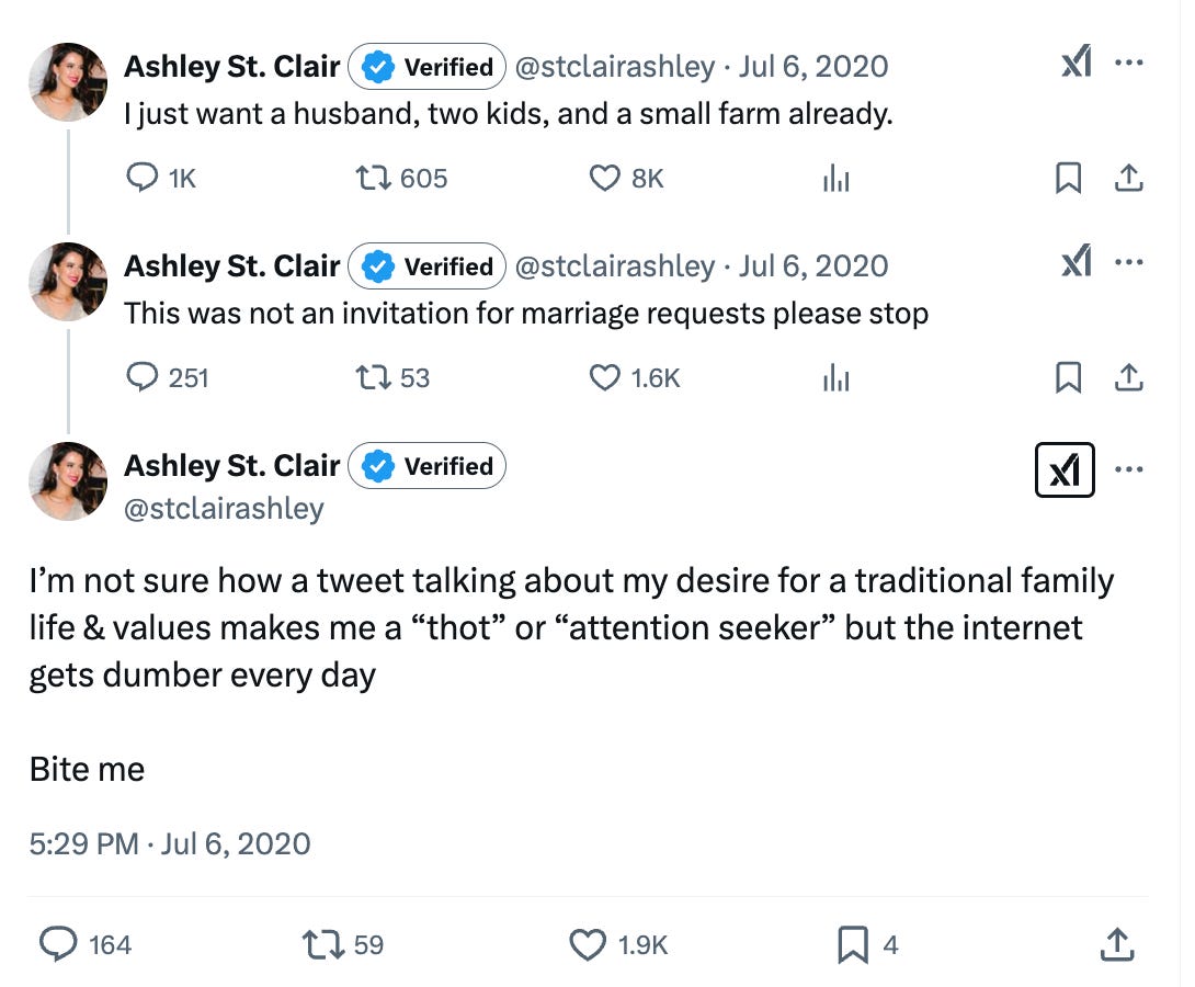 Tweet 1: I just want a husband, two kids, and a small farm already. Tweet 2” This was not an invitation for marriage requests please stop Tweet 3: I’m not sure how a tweet talking about my desire for a traditional family life & values makes me a "thot" or "attention seeker" but the internet gets dumber every day Bite me