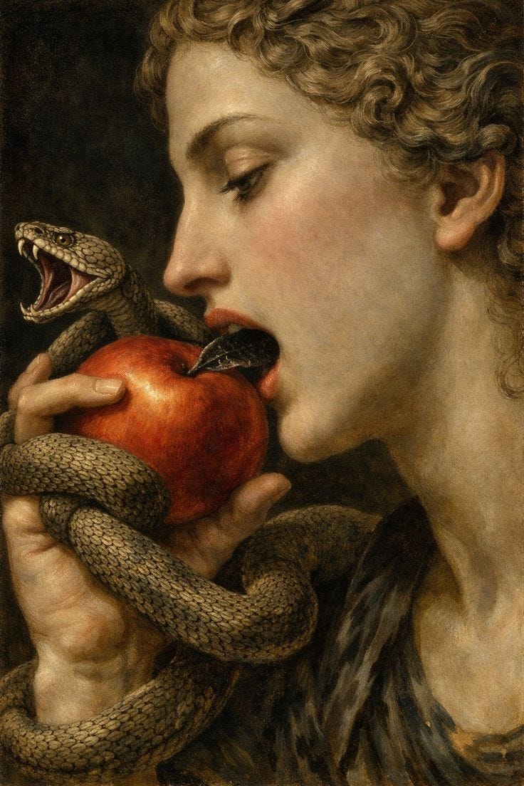 This may contain: a painting of a woman biting an apple with a snake on it's shoulder