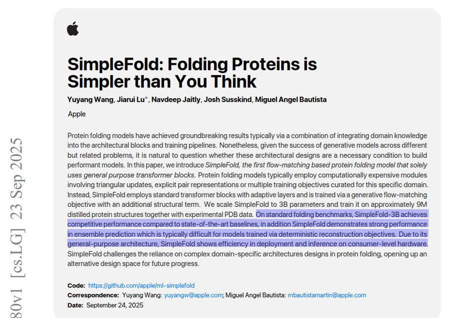 A white document with black text, featuring the Apple logo at the top left. The title "SimpleFold: Folding Proteins is Natural" is centered in bold. Names Yuanyuan Wang, Jiarui Lu, Naveed Javeed, Josh Susskind, and Miguel Angel Bautista are listed below the title. Text discusses protein folding models, including performance comparisons and technical details. A watermark from X is present at the bottom right.