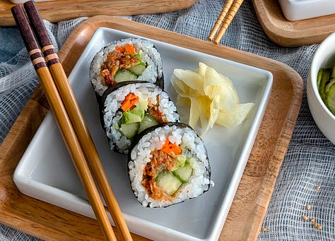 Vegan Tamago Futomaki: A thick slice of futomaki featuring a golden, plant-based tamago layer, wrapped in seasoned sushi rice and crisp nori. Crunchy Kimchi Futomaki: A bold, vibrant futomaki roll filled with spicy, crunchy kimchi. Mushroom ‘Spider’ Roll Futomaki: A plant-based take on the classic spider roll, featuring crispy, tempura-fried mushrooms as the star filling.