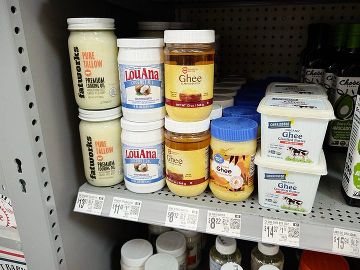 Huiles végétales et beef tallow dans un magasin aux États-Unis.
