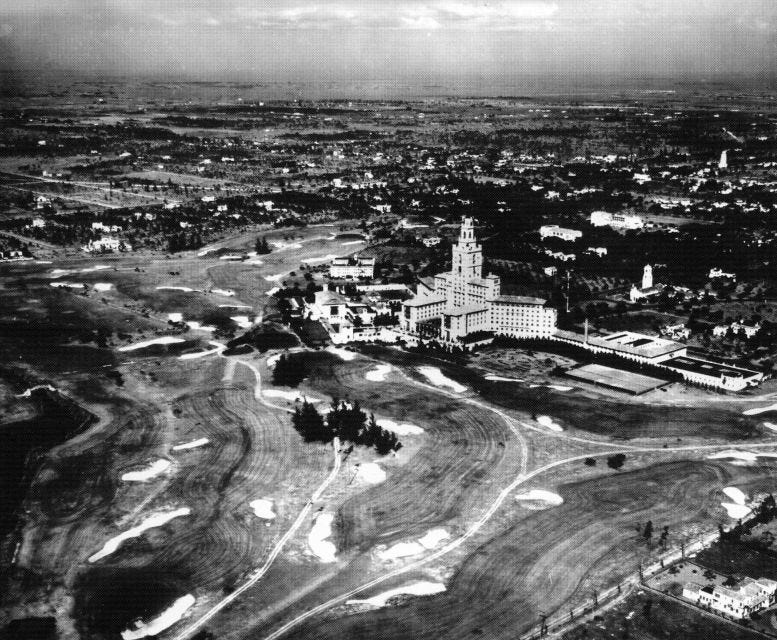An aerial photo of the Miami-Biltmore Hotel and Country Club, along with the golf course, in 1926. Courtesy of the City of Coral Gables. An aerial photo of the Miami-Biltmore Hotel and Country Club, along with the golf course, in 1926. Courtesy of the City of Coral Gables.