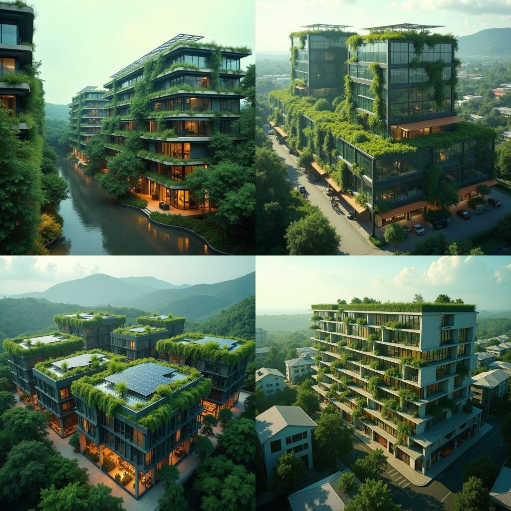 Modern Green sustainable block of buildings in jamaica, green roof, water harvesting, lots of glass. solar planels on roof with shops below
