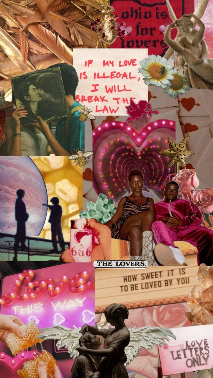 digital collage with colors of pink and gold, arrows, feathers, statues of cupid and eros, angel wings, yoko ono and john lennon kissing, ohio is for lovers and Queen & Slim digital collage with colors of pink and gold, arrows, feathers, statues of cupid and eros, angel wings, yoko ono and john lennon kissing, ohio is for lovers and Queen & Slim