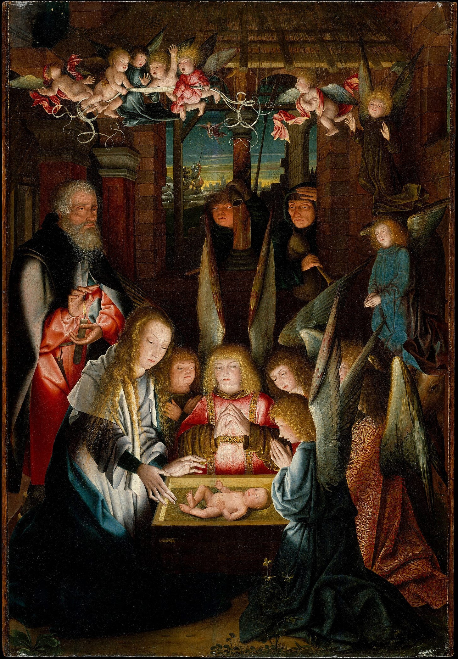 A young Virgin with long loose hair kneels before the naked newborn lying on the ground in a ruined stable, surrounded by small kneeling angels, behind a wooden post, shepherds lean in to look. A young Virgin with long loose hair kneels before the naked newborn lying on the ground in a ruined stable, surrounded by small kneeling angels, behind a wooden post, shepherds lean in to look.