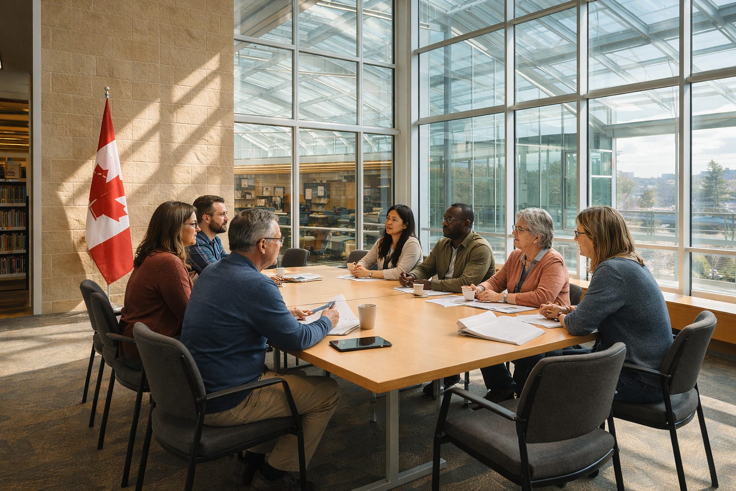 A group of adults seated around a table in a sunlit Canadian public library meeting room, with natural light streaming through a glass atrium and a Canadian flag visible nearby. A group of adults seated around a table in a sunlit Canadian public library meeting room, with natural light streaming through a glass atrium and a Canadian flag visible nearby.