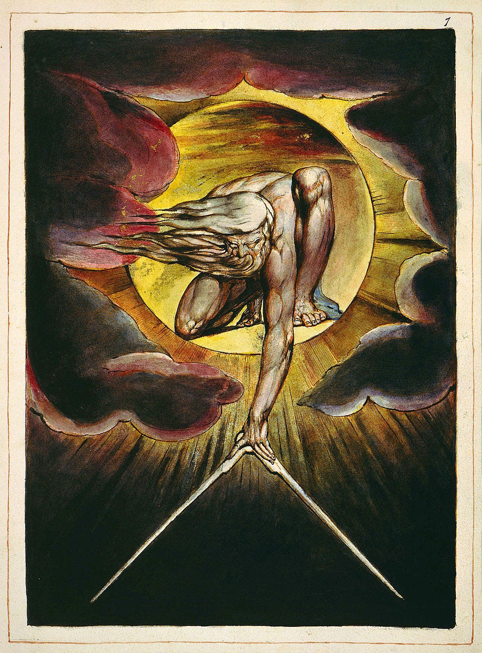 William Blake illustration of a radiant figure emerging through clouds holding two swords, dramatic Romantic era artwork referenced in the Tarot DMs interview with Joanne Harris about symbolism, imagination, and mythic imagery.