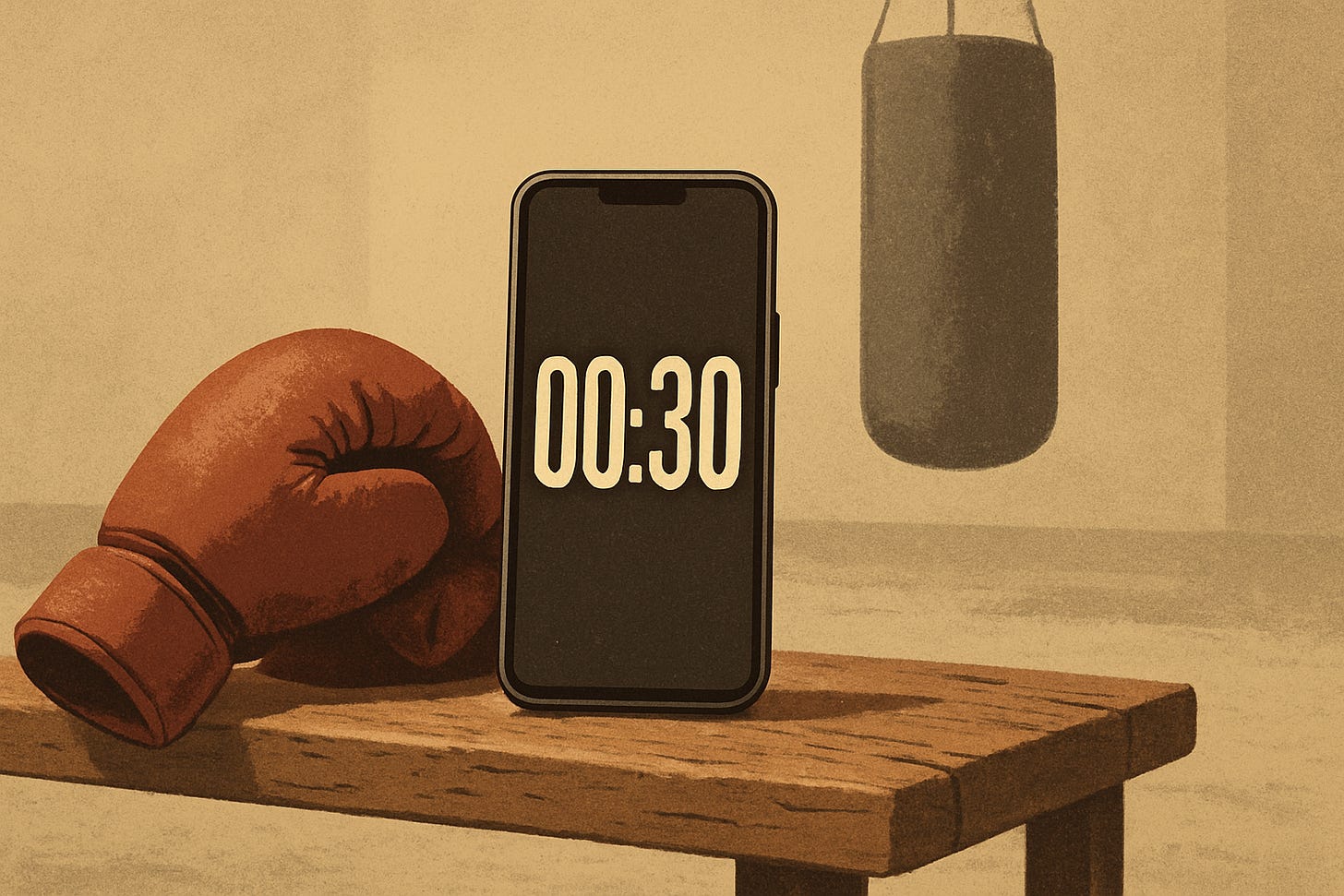 A phone on a gym bench showing a large countdown timer, boxing gloves and a heavy bag in the soft-focus background