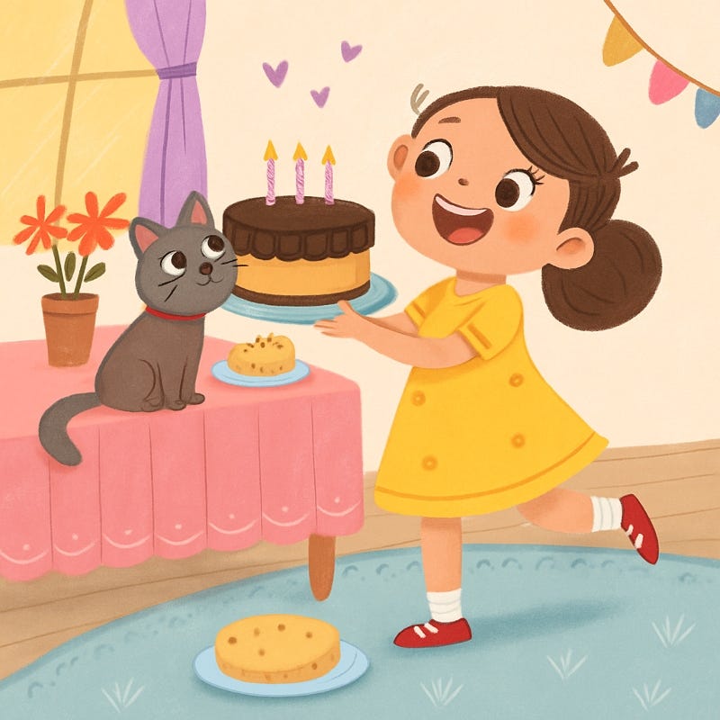 a colourful illustration of a little girl carrying a delicious-looking dark and rich chocolate cake. There are candles on the cake. She’s smiling and a chunky cat is on the table near the girl and he is eyeing the cake greedily.