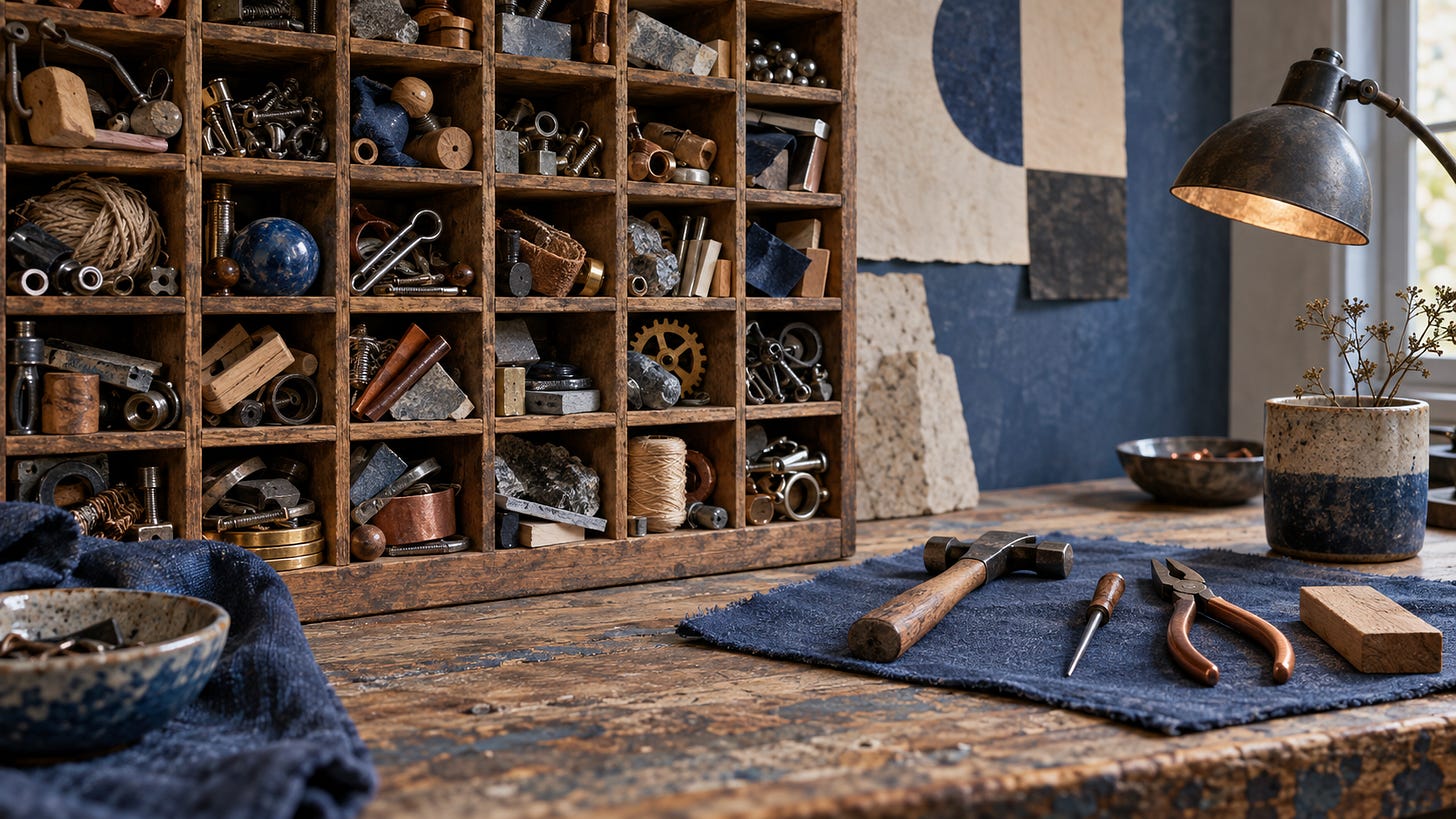 Wooden workbench with hand tools, blue cloths, and hardware on a shelf beneath a desk lamp.