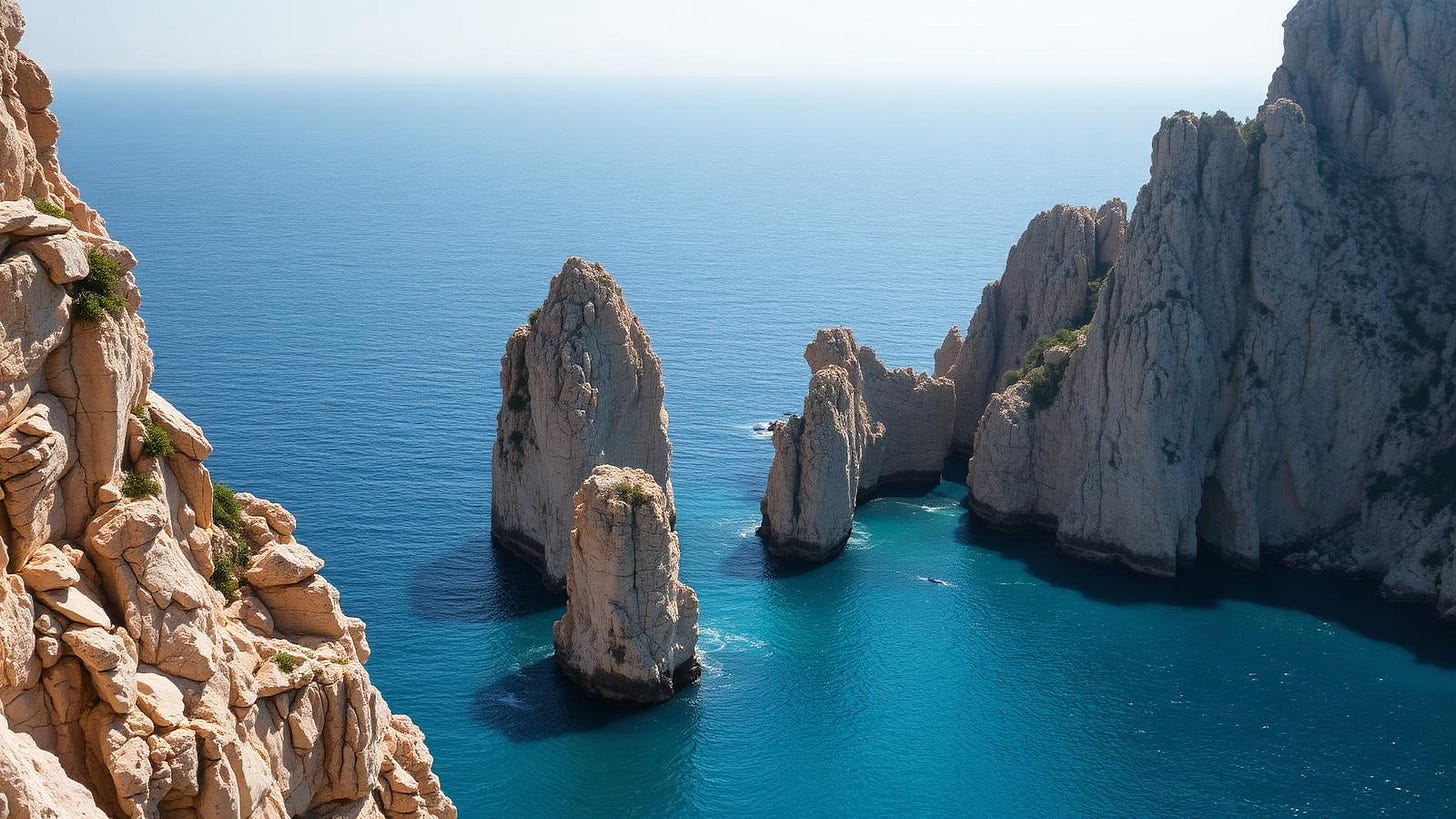 The Faraglioni rock stacks rising from turquoise sea off the coast of Capri