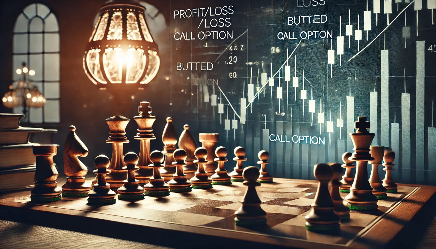 A chess game scene with a classic wooden chessboard and pieces mid-game. In the background, a glowing financial chart shows the profit/loss diagram of a bought call option, with the payoff structure clearly visible. The setting is serious and analytical, with a strategic atmosphere that combines the intellectual focus of chess and financial options trading. The lighting is soft but highlights the chessboard and the chart in the background, emphasizing the themes of strategy and risk analysis.