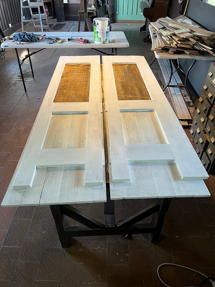 a set of photos showing the rebating, glueing, sanding and painting of a set of wooden doors.