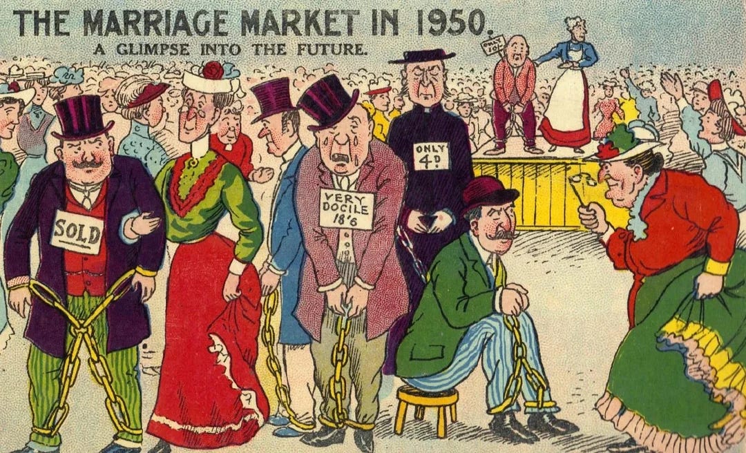 A satirical cartoon from the women's suffrage era about what the marriage market would be like for men in the 1950's
