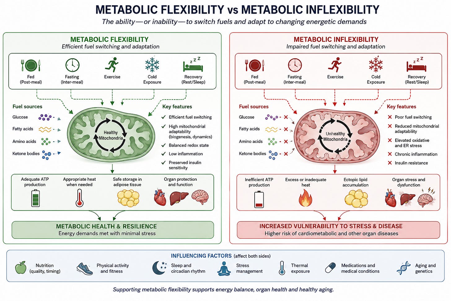 Metabolic flexibility vs metabolic inflexibility. A metabolically flexible organism switches between fuels and energetic states. In metabolic inflexibility, fuel switching becomes constrained, mitochondrial adaptation declines, and organs become more vulnerable to stress.