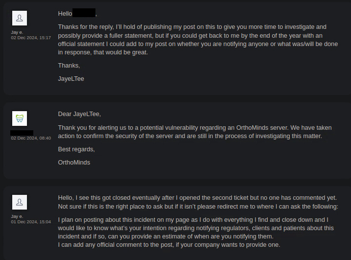 The screenshot shows the messages sent by me to Orthominds and their quoted reply above. On my messages I ask Orthominds intentions regarding notifications and ask for an official statement if they want to provide one.