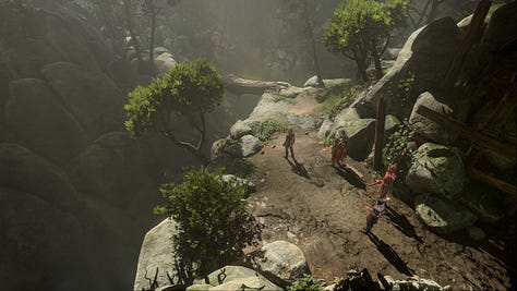 A set of screenshots of the game Baldur's Gate 3, featuring environments and dialogue.