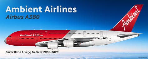 A selection of former Ambient fleet aircraft: 1) Airbus A340-300 (Silver Band); 2) Airbus A380 (Audiowave); 3) Boeing 747-200 (Silver Band); 4) Boeing 747-400ER (Silver Band); 5) Boeing 747-8 Intercontinental (Audiowave); and Airbus A340-600 (Audiowave) - all shown in side view.