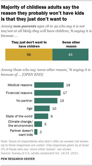 A bar chart showing that the majority of childless adults say the reason they probably won’t have kids is that they just don’t want to A bar chart showing that the majority of childless adults say the reason they probably won’t have kids is that they just don’t want to