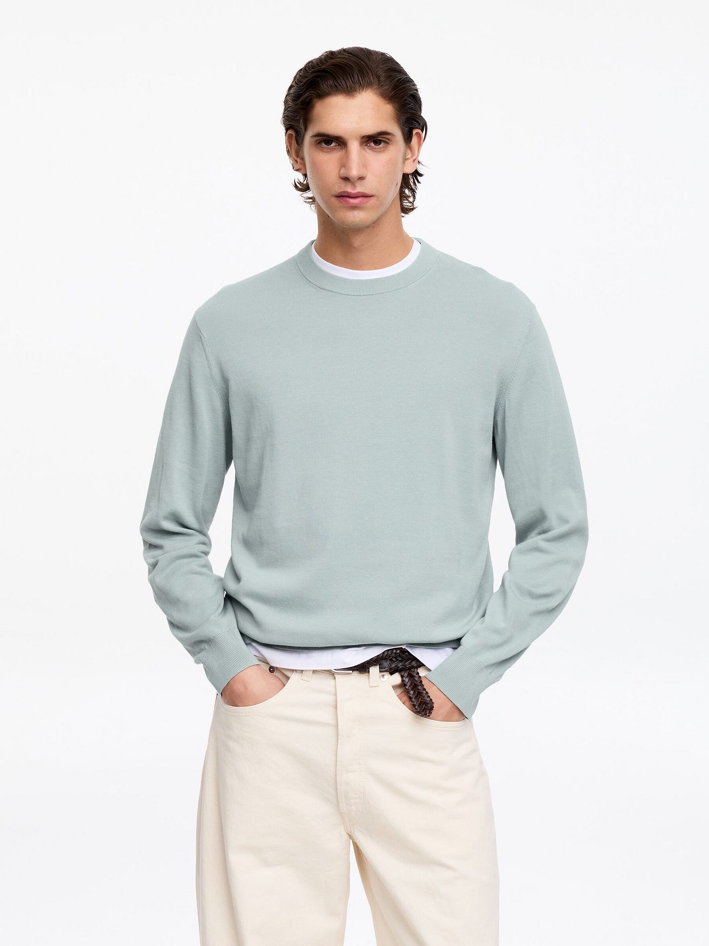 Lightweight Cotton Crewneck Jumper - Verde menta empolvado - Corte estándar - Men - StillMedia/Lookbook - 3