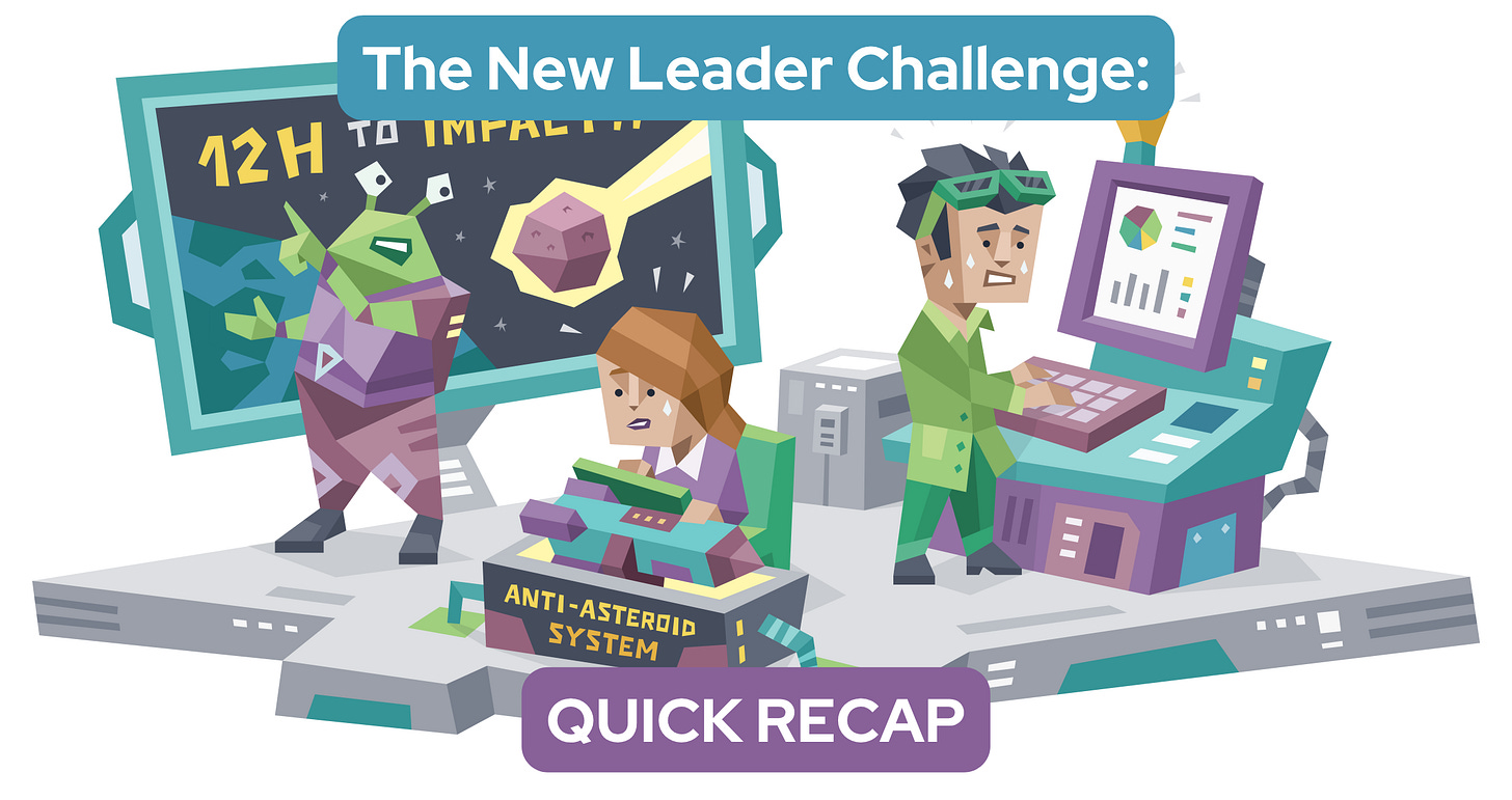 Illustration of two people working at futuristic control stations labeled “Anti-Asteroid System”, while an alien leader points at a screen reading “12H to Impact!!,” suggesting a high-pressure scenario. Text reads: The New Leader Challenge: Quick Recap Illustration of two people working at futuristic control stations labeled “Anti-Asteroid System”, while an alien leader points at a screen reading “12H to Impact!!,” suggesting a high-pressure scenario. Text reads: The New Leader Challenge: Quick Recap