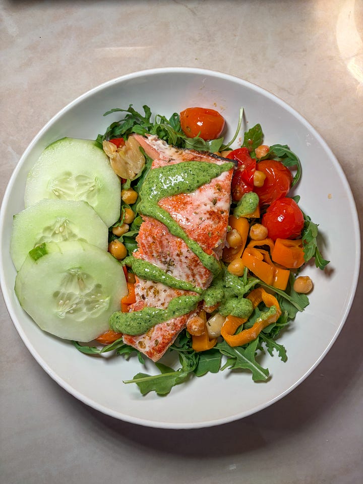 Gluten-free romesco spirulina pasta bowl with garlic shrimp    One-pan chicken & summer squash sauté    Tuscan-style cast iron salmon with cashew basil pesto     Baked paprika drumsticks with sesame green beans