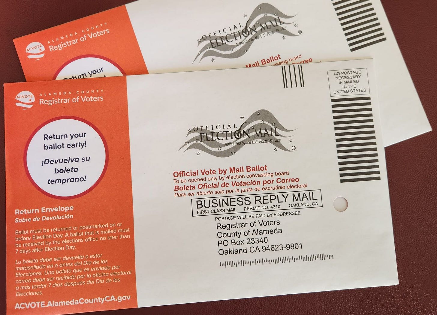 Photo of two ballot envelopes for the CA Prop 50 campaign