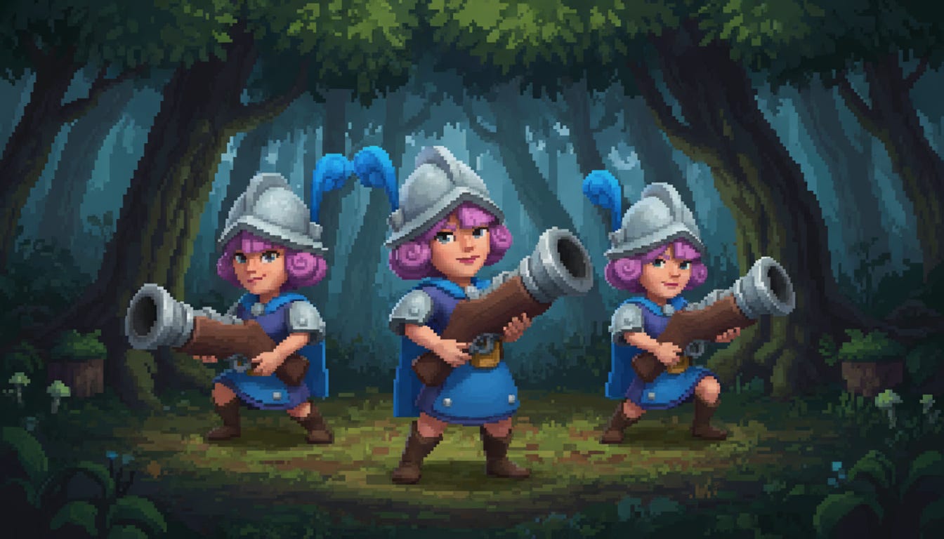 A vibrant pixel art illustration of three identical female musketeers standing in a dimly lit, atmospheric forest. Each character has curly pink hair, a silver helmet with a blue feather, and wears blue and silver armor while aiming a large cannon forward with a confident expression. The lush, dark forest background is detailed with gnarled trees and moss, creating a moody and adventurous fantasy scene. A vibrant pixel art illustration of three identical female musketeers standing in a dimly lit, atmospheric forest. Each character has curly pink hair, a silver helmet with a blue feather, and wears blue and silver armor while aiming a large cannon forward with a confident expression. The lush, dark forest background is detailed with gnarled trees and moss, creating a moody and adventurous fantasy scene.